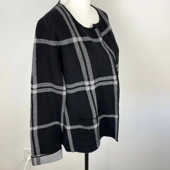 Rain Windowpane Open Front Sweater Jacket In Black Gray Size Small New - Picture 4 of 10